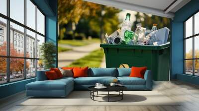 A green recycling bin filled with paper, plastic, and glass bottles, sitting on a suburban curb on a sunny day Wall mural