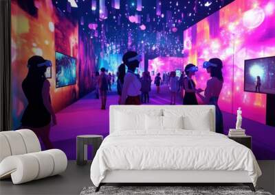 A group of avatars attending a virtual event in the metaverse, surrounded by vibrant lights and interactive displays. Wall mural