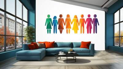 A group of diverse people icons holding hands, representing unity, equality, and teamwork in a vibrant color palette. Wall mural