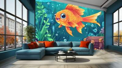 A happy cartoon goldfish swimming in a decorated tank, with plants, pebbles, and a treasure chest at the bottom. Wall mural