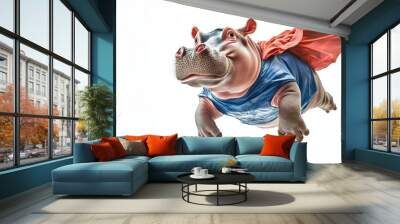 A happy hippo in a superhero costume flying, isolated on a white background Wall mural