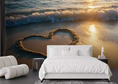 A heart drawn in the sand on a beach with waves approaching Wall mural