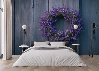 A lavender wreath hanging on a rustic wooden door, symbolizing peace and tranquility in a home setting Wall mural