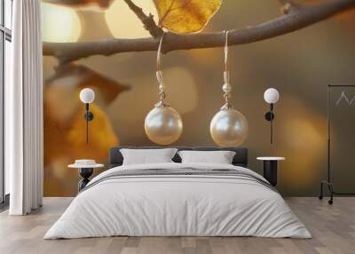 A pair of pearl drop earrings hanging delicately from a jewelry tree, set against a soft, glowing background. Wall mural