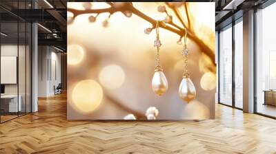 A pair of pearl drop earrings hanging delicately from a jewelry tree, set against a soft, glowing background. Wall mural