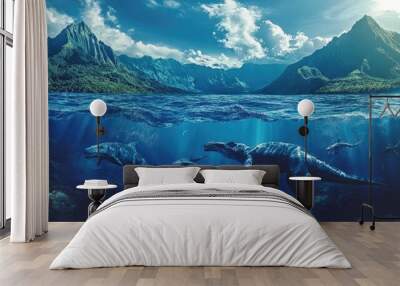 A panoramic view of a prehistoric ocean with marine dinosaurs swimming beneath the surface Wall mural