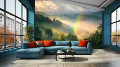 A rainbow over a misty valley, with hills and trees gently covered in fog, creating a mystical and peaceful atmosphere Wall mural