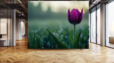 A single purple tulip standing tall in a field of green, with dew drops on its petals and a blurred background Wall mural