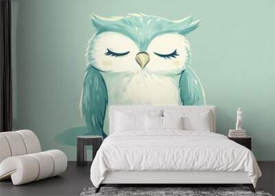 A sleepy baby owl cartoon with closed eyes, snuggled up on a pastel green background. Wall mural