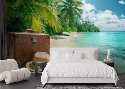 A suitcase and straw hat placed on a tropical beach with crystal-clear water and palm trees in the background. Wall mural