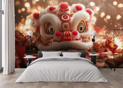 A traditional Chinese lion dance mask resting on the ground surrounded by red envelopes and firecrackers for the New Year. Wall mural