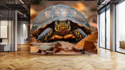 A turtle emerging from its shell with curious eyes, on a forest floor covered in leaves Wall mural