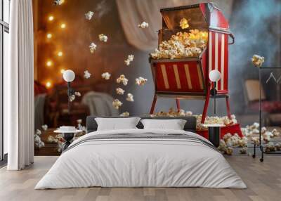 A vintage popcorn machine popping fresh kernels in a home theater setting, with popcorn overflowing Wall mural