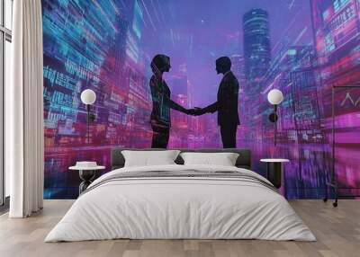 A virtual avatar shaking hands with another in a business meeting within the metaverse, surrounded by digital buildings. Wall mural