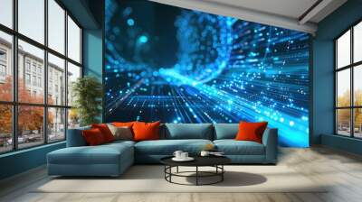 Abstract blue tech background with dynamic glowing lines, showcasing technology and data flow. Wall mural