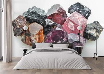 Assorted spinel gemstones with rich hues and sparkling facets isolated on a white background Wall mural