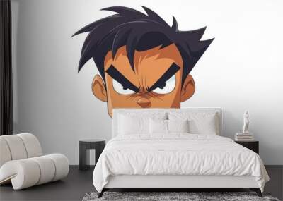 Cartoon anime character feeling angry with furrowed brows and a pout, isolated on a clean white background Wall mural