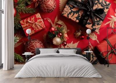 Chic tree decorations and artisanal gift boxes arranged with holiday ornaments on a red surface Wall mural