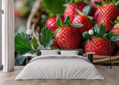 Close-up of organic strawberries in a basket, with leaves and flowers, highlighting natural sweetness Wall mural