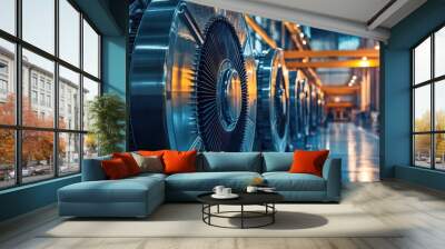 Close-up of turbines inside a hydroelectric power station, showcasing the engineering marvel of renewable energy. Wall mural