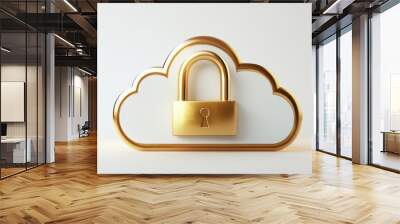 Cloud icon secured by a golden padlock, isolated on white background Wall mural