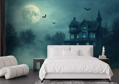 Creepy Halloween night with a haunted house, full moon, and bats flying through the fog. Wall mural