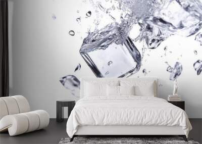 Crystal clear ice cube falling, isolated on white background, with sharp details. Wall mural