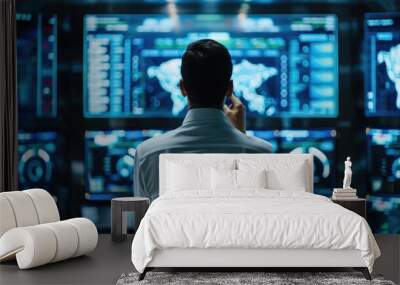 Cybersecurity specialist monitoring a network security dashboard in a control room Wall mural