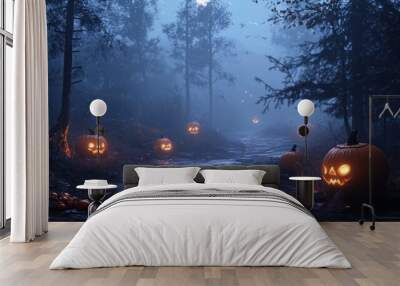 Dark Halloween forest path with glowing pumpkins and shadowy creatures lurking in the fog. Wall mural