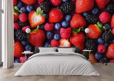 Fresh and colorful assortment of strawberries, blackberries, raspberries, and blueberries, cut out Wall mural