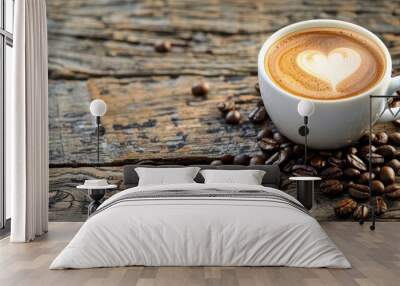 Heart-shaped latte art in cup with coffee beans on aged wooden table. Wall mural