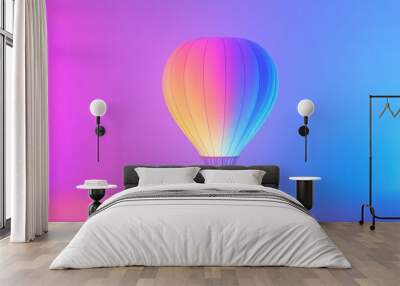 Hot air balloon in neon colors, glowing against a bright white space, modern and striking. Wall mural