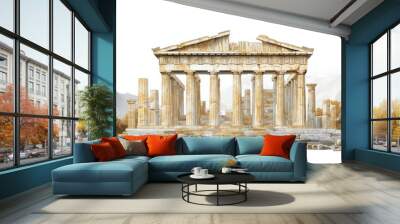 Iconic Acropolis in Athens illustrated with marble textures, symbolizing ancient Greek history, isolated on white Wall mural