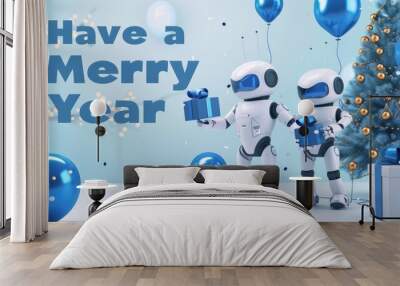 Logistic robots exchanging gifts at a New Year party near a tree and blue balloons, 