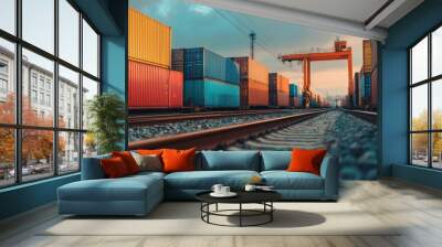 Shipping containers being loaded onto a cargo train for international delivery Wall mural