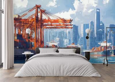 Shipping docks with cranes lifting containers onto cargo ships, with a global skyline in the background Wall mural