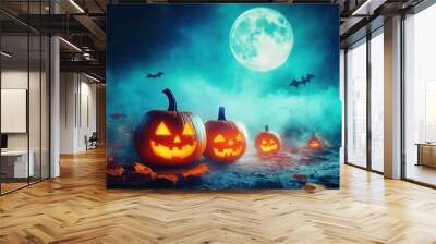 Spooky Halloween night with glowing jack-o'-lanterns, full moon, and eerie fog in the background. Wall mural