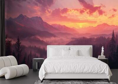 Sunset over misty forested mountains, with pink and orange tones blending across the horizon Wall mural