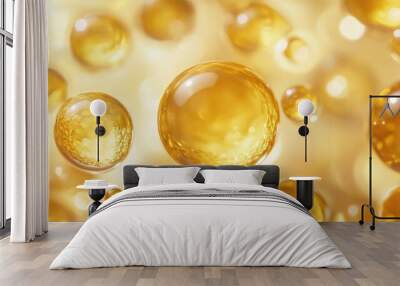 Variety of golden oil droplets isolated, ideal for premium ingredient and product imagery. Wall mural