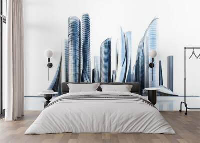 Wide-angle panorama of modern skyscrapers with bold architectural features, isolated on white background Wall mural