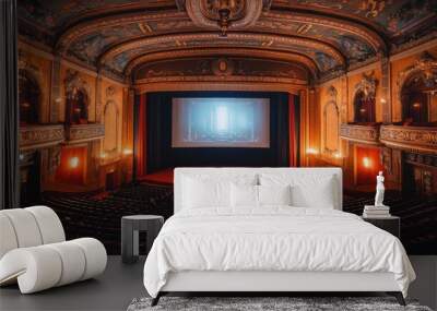 Wide-angle shot of a large movie theater auditorium, with the screen displaying the opening credits Wall mural