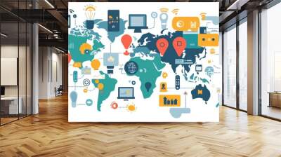 World map with icons of telecommunication devices like smartphones and computers, highlighting worldwide communication. Wall mural