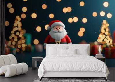 A cheerful Santa Claus figurine stands among colorful gifts and festive bokeh lights, evoking the spirit of Christmas. Wall mural