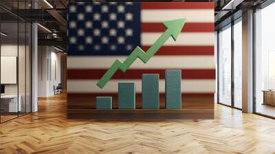 Rising Bar Graph with Upward Arrow on American Flag Background Economic Progress in USA  
 Wall mural