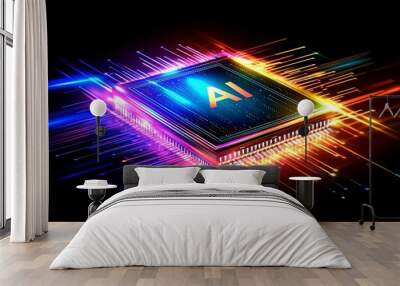 Vibrant representation of an AI microchip, glowing with colorful lights, showcasing advanced technology and innovation in digital processing. Wall mural