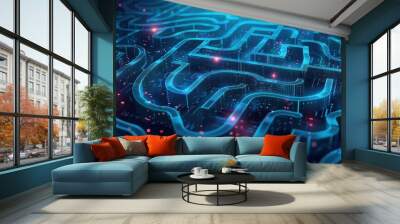 A blue and red maze with a lot of lines and dots Wall mural