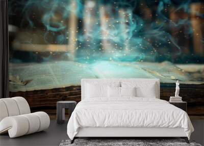 A book is open to a page with a glowing light on it Wall mural