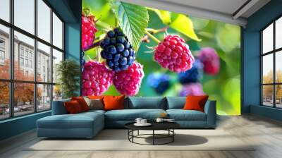 A bunch of ripe red and blue raspberries hanging from a tree Wall mural