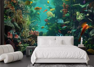 A colorful underwater scene with many fish and plants Wall mural