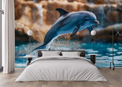 A dolphin leaps out of the water, creating a splash Wall mural